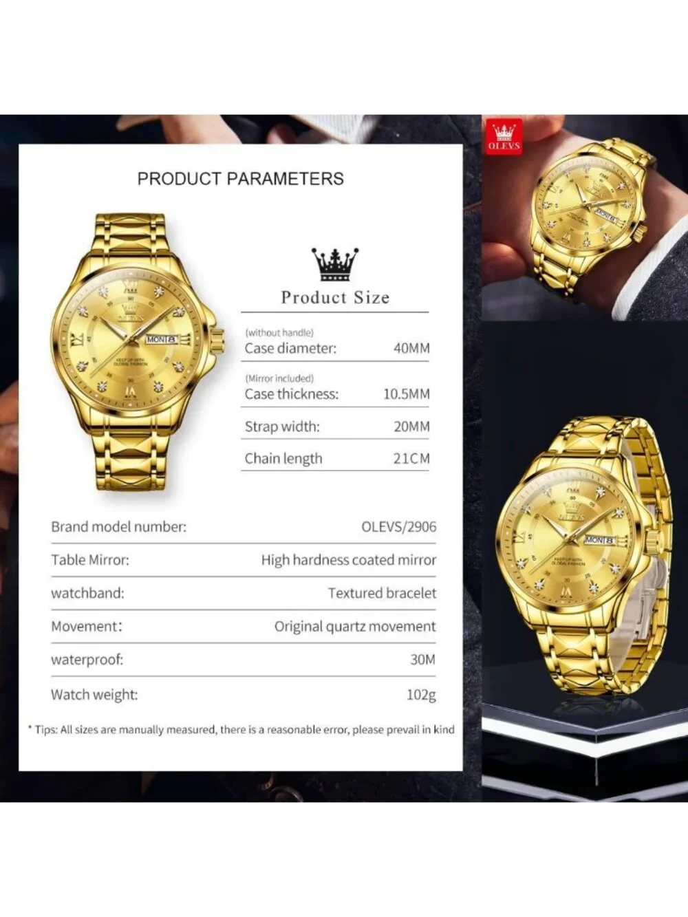 Olevs Men's Gold Stainless Steel Analog Quartz Waterproof Luminous Wrist Watch